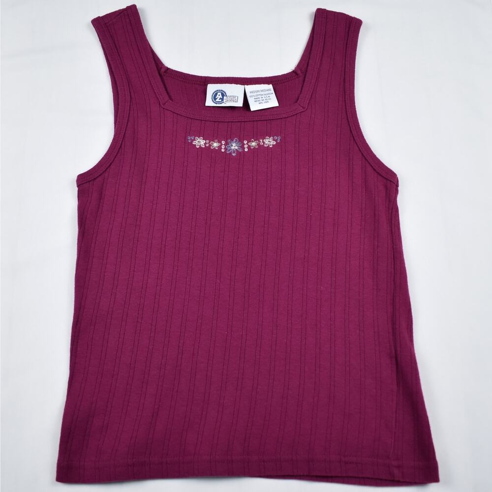 90s Vintage Floral Tank Top Junior's Medium Embroidered Cotton Knit Y2K Coquette